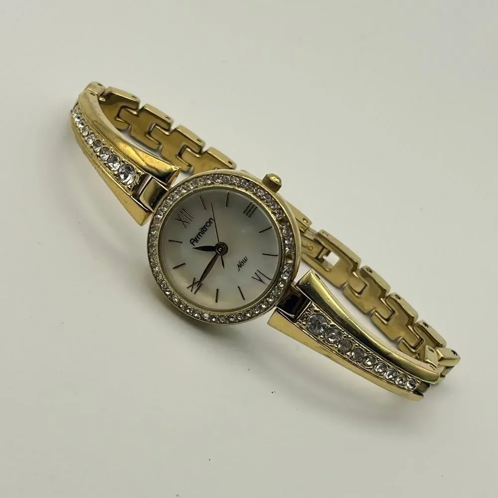 Armitron Now Gold Tone Crystal Bezel Mother Pearl Women’s Watch New Battery